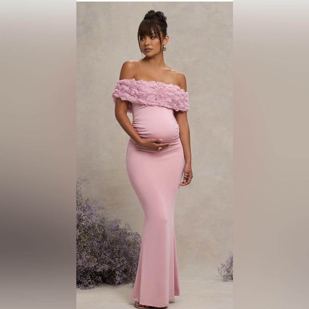 Club L London - Pink Mesh Floral Bardot Maternity Dress